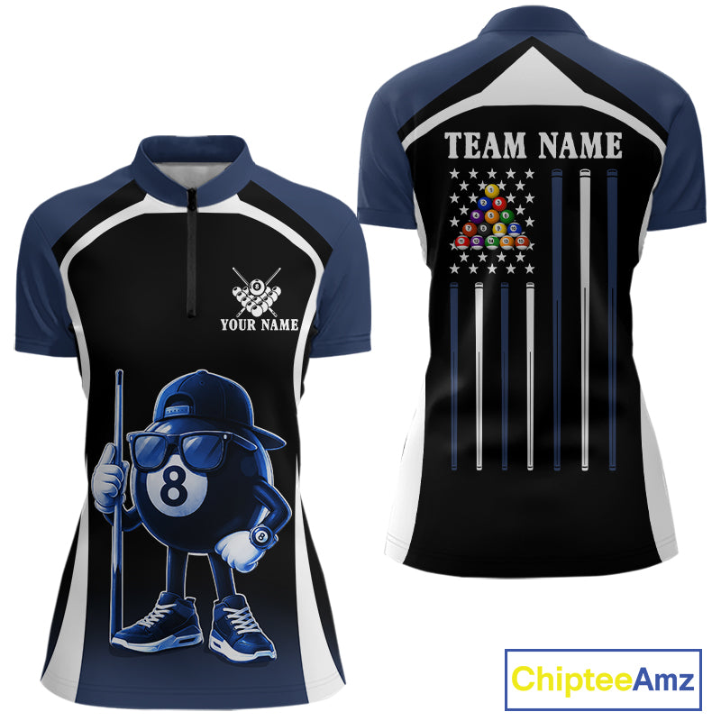 Blue Funny 8 Ball Pool US Flag Billiard Shirt For Women Custom Billiard Team Jersey Polo & 1/4 Zip TDM6365