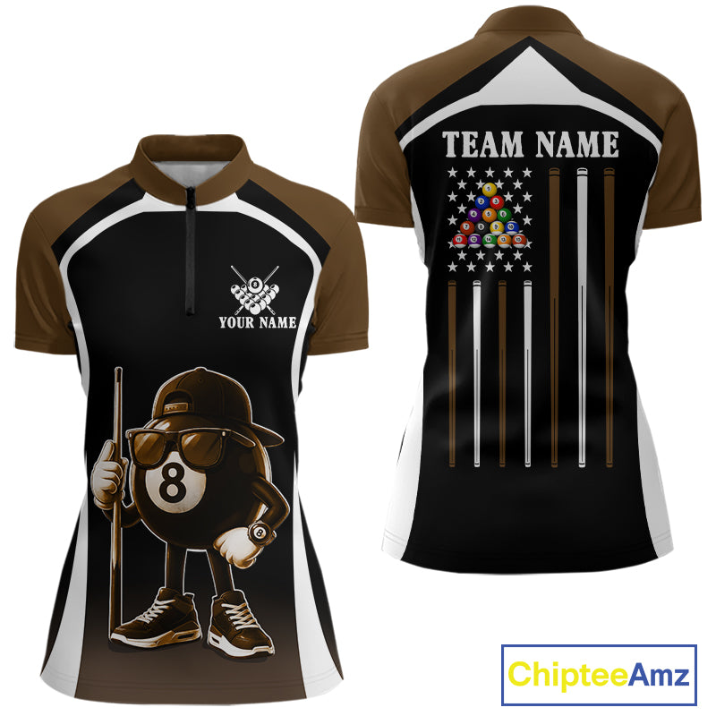 Brown Funny 8 Ball Pool US Flag Billiard Shirt For Women Custom Billiard Team Jersey Polo & 1/4 Zip TDM6366