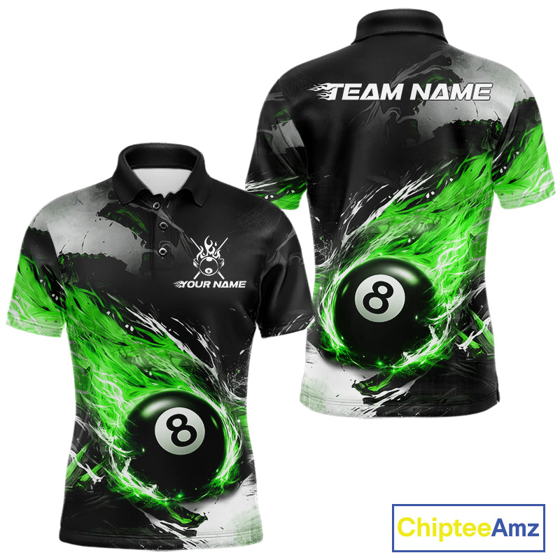 Custom Green Flaming 8 Ball Pool Billiard Shirt For Men, Billiard Team Jersey Polo & 1/4 Zip TDM6371