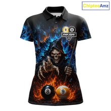 Load image into Gallery viewer, Custom Fire 8 Ball &amp; 9 Ball Grim Reaper Billiard Shirt For Women, Pool Team Jersey Polo &amp; 1/4 Zip TDM6563