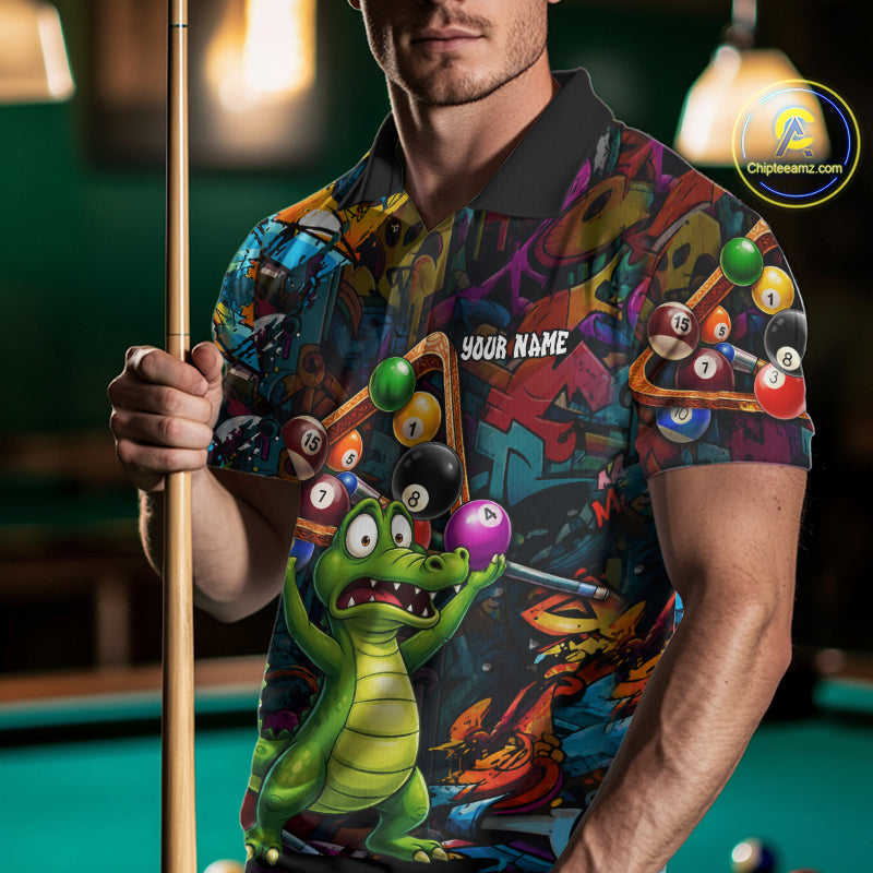 Colorful Billiard Jersey Custom Funny Dinosaur Graffiti Billiard Polo & Quarter Zip Shirts For Men TDM6566
