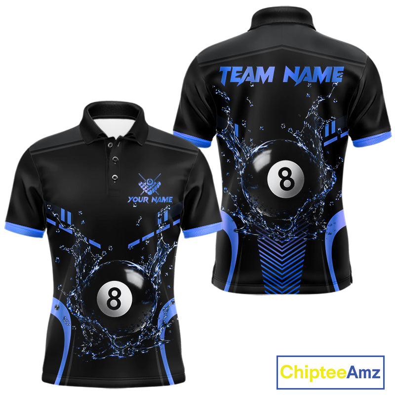 Custom Black and Blue Water 8 Ball Pool Polo Shirt Designed for Personalized Billiard Team Jerseys with Modern Athletic Performance Style