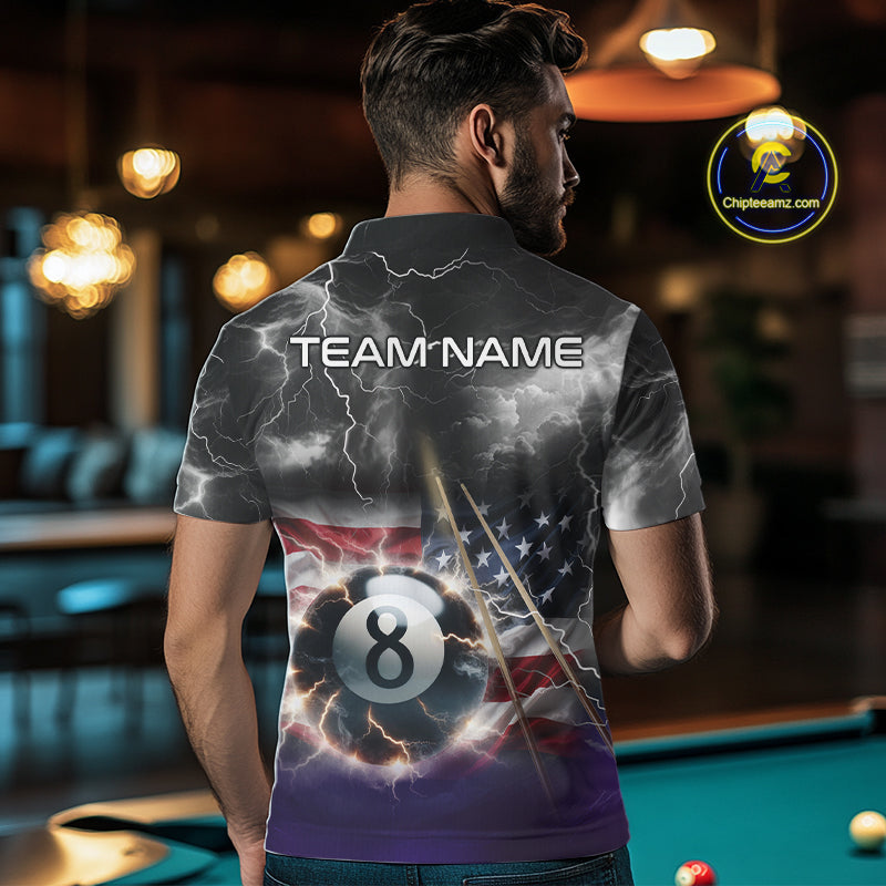 Black Purple American Flag Thunder Lightning 8 Ball Billiard Shirt For Men Custom Pool Team Jersey TDM5267