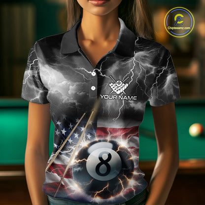 Black Blue American Flag Thunder Lightning 8 Ball Billiard Shirt For Women Custom Pool Team Jersey TDM5268