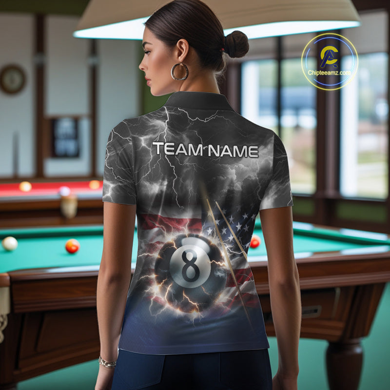 Black Blue American Flag Thunder Lightning 8 Ball Billiard Shirt For Women Custom Pool Team Jersey TDM5268