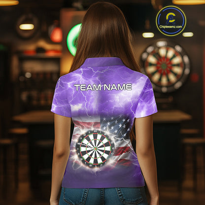 Purple American Flag Thunder Lightning Darts Shirt For Women Custom Darts Jersey Team Polo & 1/4 Zip TDM5269