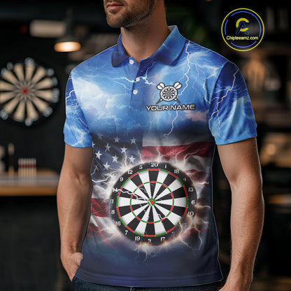 Blue American Flag Thunder Lightning Darts Shirt For Men Custom Darts Jersey Team Polo & 1/4 Zip TDM5270