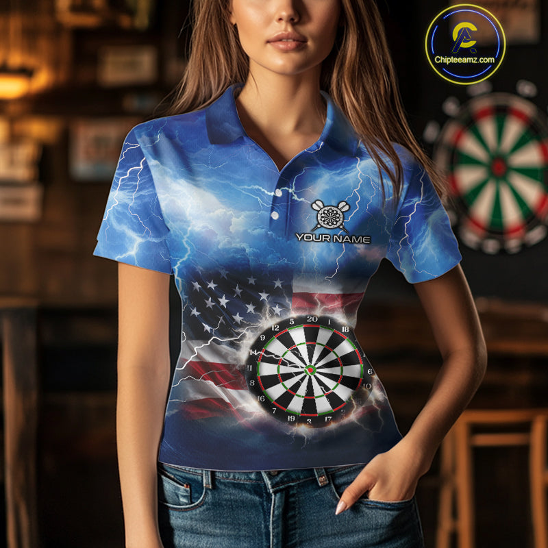 Blue American Flag Thunder Lightning Darts Shirt For Women Custom Darts Jersey Team Polo & 1/4 Zip TDM5270