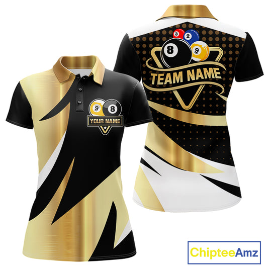 Personalized Billiard 8 Ball & 9 Ball Pool Polo, 1/4 Zip For Women Custom Team Billiard Jersey |Gold TDM6376