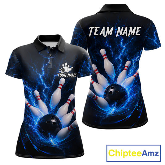 Personalized Blue Thunder Lightning Bowling Jersey For Women, Bowling League Shirts Polo & 1/4 Zip TDM6573