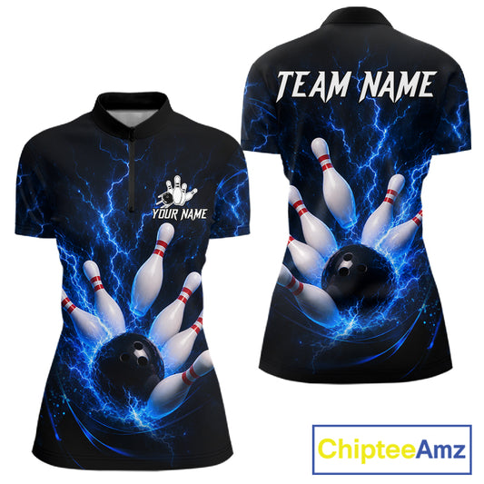 Personalized Blue Thunder Lightning Bowling Jersey For Women, Bowling League Shirts Polo & 1/4 Zip TDM6573