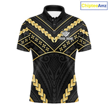 Load image into Gallery viewer, Black and gold 8 ball tribal billiard polo shirt for men with custom pool team graphics.