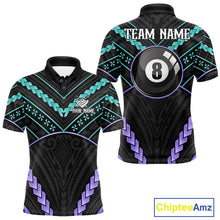 Load image into Gallery viewer, Teal and purple 8 ball tribal billiard polo shirt for men with custom pool team graphics.