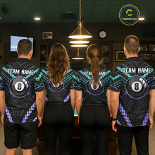 Load image into Gallery viewer, Back view of pool players wearing matching teal and purple tribal billiard shirts in a game room.