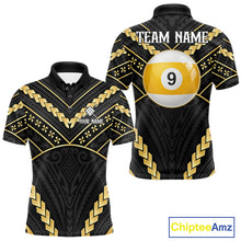 Load image into Gallery viewer, Black and gold 9 ball tribal billiard polo shirt for men with custom pool team graphics.