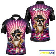 Load image into Gallery viewer, Pink graffiti bulldog 8 ball billiard polo shirt for men with custom pool team graphics.