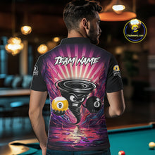 Load image into Gallery viewer, Back view of man wearing a pink graffiti tornado 8 ball and 9 ball pool shirt in a billiards hall.