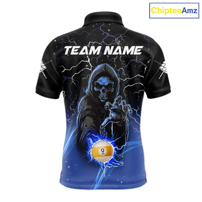 Blue grim reaper lightning 9 ball billiard polo shirt for men with custom pool team graphics.
