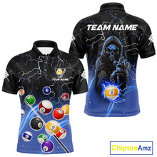 Load image into Gallery viewer, Blue grim reaper lightning 9 ball billiard polo shirt for men with custom pool team graphics.