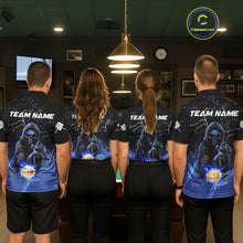 Load image into Gallery viewer, Back view of pool players wearing matching blue grim reaper billiard shirts in a game room.