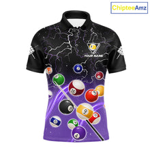 Load image into Gallery viewer, Purple grim reaper lightning 9 ball billiard polo shirt for men with custom pool team graphics.