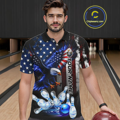 Man wearing custom blue eagle American flag bowling team jersey polo shirt featuring eagle American flag artwork, front view.