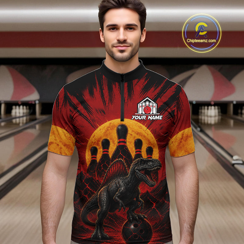 Man wearing personalized black and red dinosaur bowling team jersey quarter zip shirt featuring dinosaur artwork, front view.