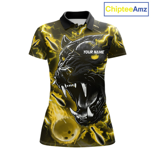 Yellow flame panther custom bowling polo shirt for women, personalized bowling team jersey for league tournaments.