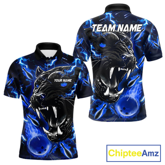 Blue flame panther bowling team polo shirt for men with custom league and tournament graphics.