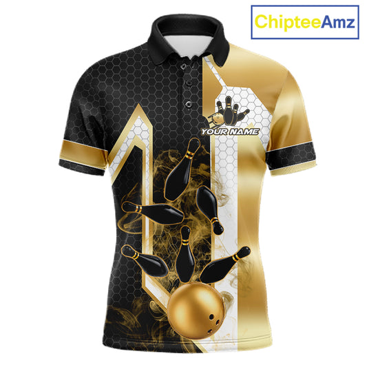 Black and gold smoke bowling pin custom bowling polo shirt for men, personalized bowling team jersey for league tournaments.