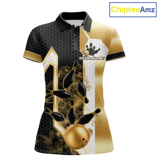 Black and gold smoke bowling pin custom bowling polo shirt for women, personalized bowling team jersey for league tournaments.