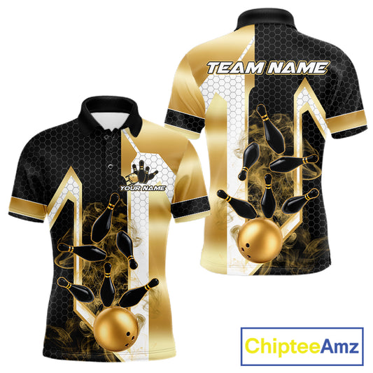 Black and gold smoke bowling pin bowling team polo shirt for men with custom league and tournament graphics.