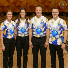 Load image into Gallery viewer, Bowling Ball Splatter Custom White, Blue &amp; Gold Men's Bowling Shirt, Bowling Jersey Polo &amp; 1/4 Zip TDM6178