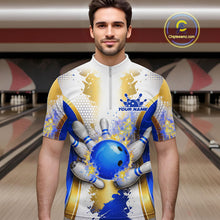 Load image into Gallery viewer, Bowling Ball Splatter Custom White, Blue &amp; Gold Men's Bowling Shirt, Bowling Jersey Polo &amp; 1/4 Zip TDM6178