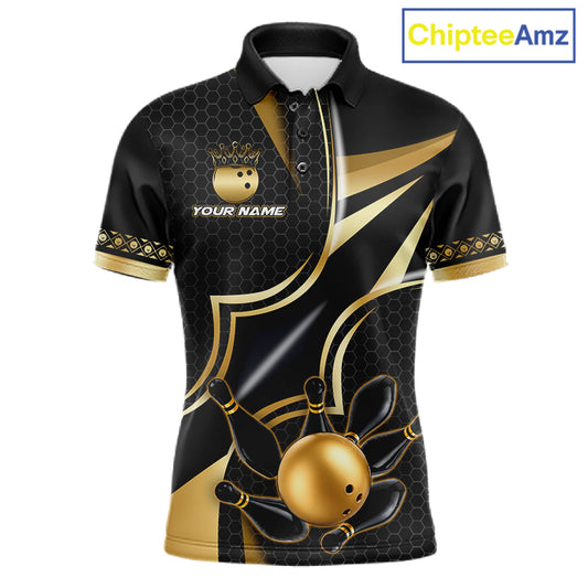 Black and gold bowling ball custom bowling polo shirt for men, personalized bowling team jersey for league tournaments.