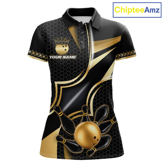 Black and gold bowling ball custom bowling polo shirt for women, personalized bowling team jersey for league tournaments.