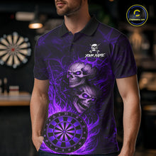 Load image into Gallery viewer, Personalized Purple Flaming Skull Darts Polo &amp; 1/4 Zip For Men Custom Fire Darts Team Jersey TDM5807