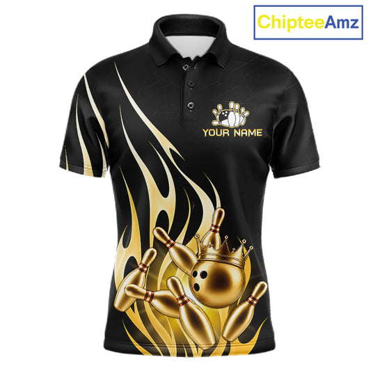 Black and gold bowling ball crown custom bowling polo shirt for men, flame bowling team jersey for tournaments.