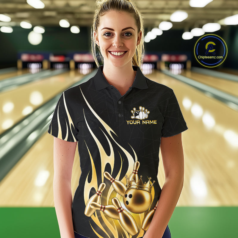 Woman wearing a black and gold bowling ball crown bowling polo shirt front view.