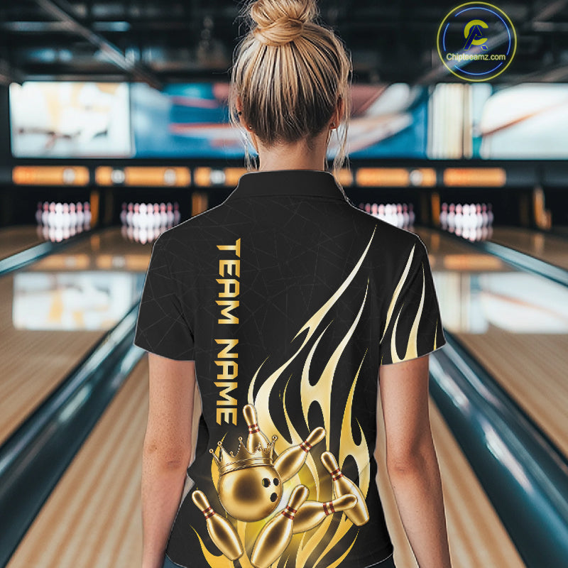 Back view of woman wearing a black and gold bowling ball crown bowling polo shirt.