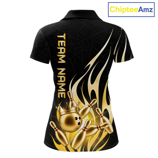 Black and gold bowling ball crown custom bowling polo shirt for women.