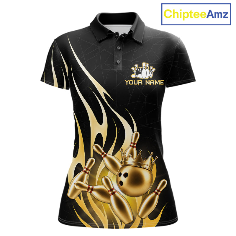Black and gold bowling ball crown custom bowling polo shirt for women.
