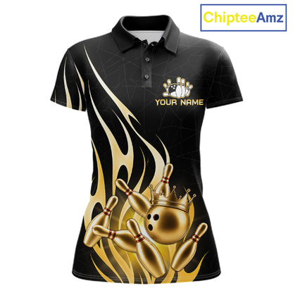 Black and gold bowling ball crown custom bowling polo shirt for women.
