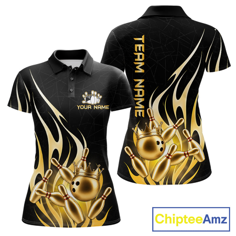 Black and gold bowling ball crown bowling team polo shirt for women with flame bowling graphics.