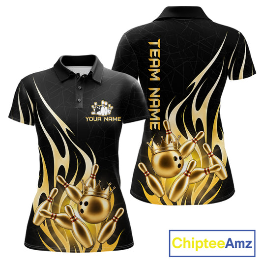 Black and gold bowling ball crown bowling team polo shirt for women with flame bowling graphics.