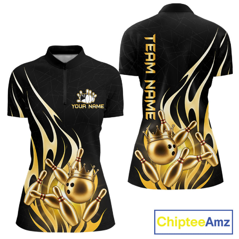 Black and gold bowling ball crown quarter zip bowling shirt for women.