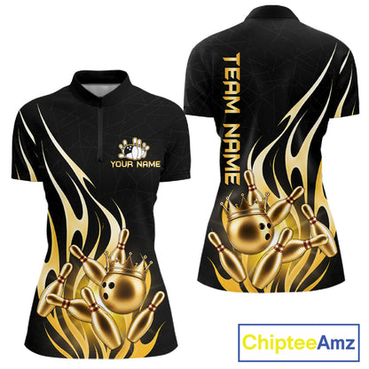 Black and gold bowling ball crown quarter zip bowling shirt for women.