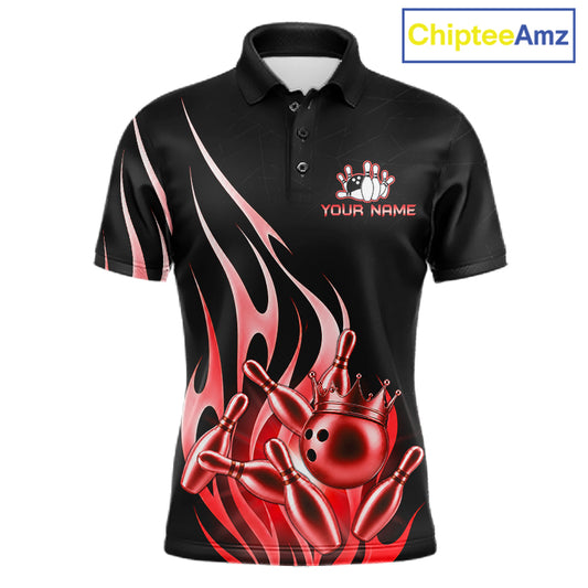 Black and red bowling ball crown custom bowling polo shirt for men, flame bowling team jersey for tournaments.