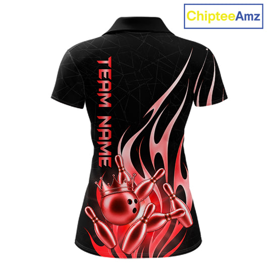Black and red bowling ball crown custom bowling polo shirt for women.