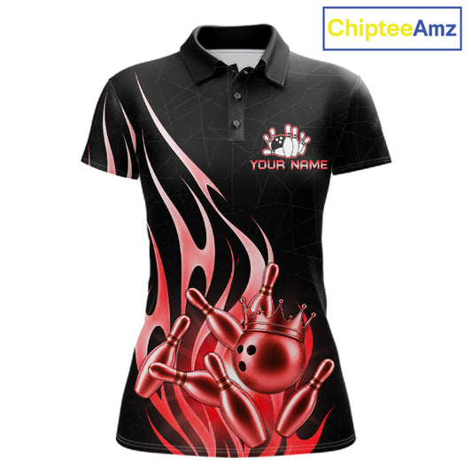 Black and red bowling ball crown custom bowling polo shirt for women.